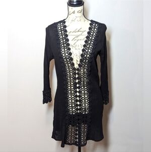 Black Swim Cover-Up Dress Black Crochet Sheer Size Large